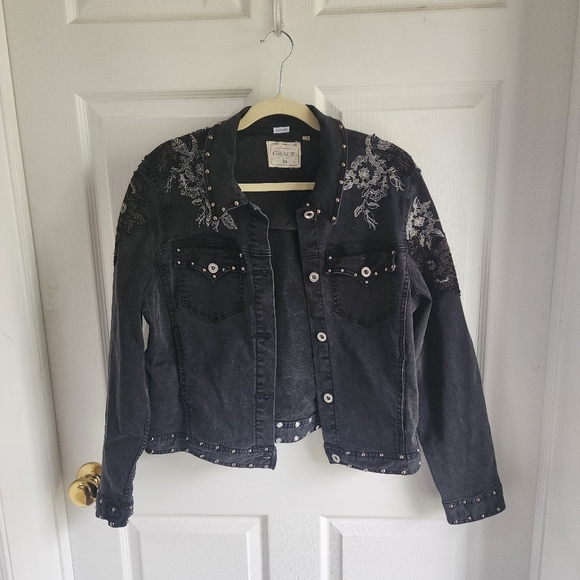 Grace in LA Stunning Black Denim Jacket Embellished with Lace and Embroidery Med - Picture 1 of 12